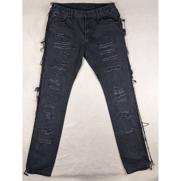 MNML Mens Jeans 33x36 RN139488 Black Trashed Distressed Look Slim Grunge Moto - Picture 1 of 16